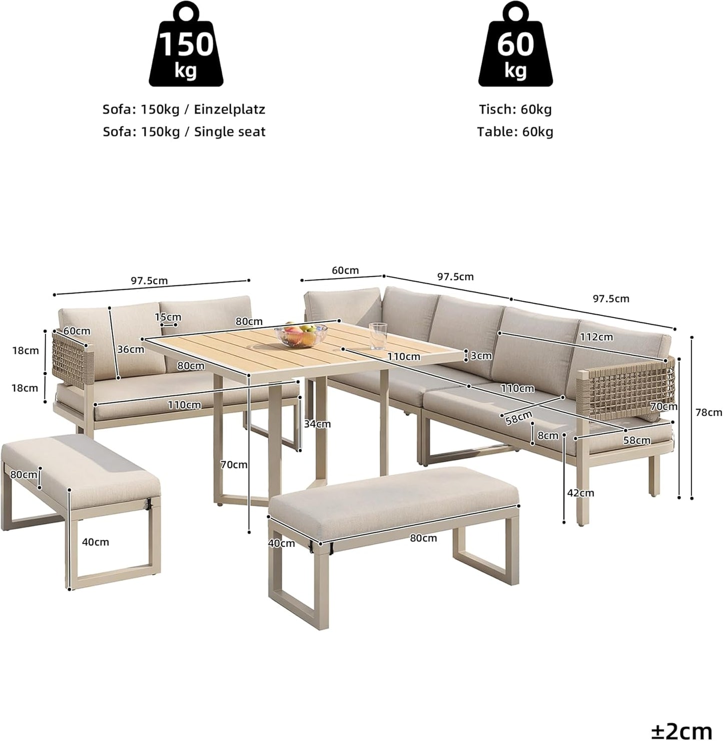 juego de muebles para 8-10 personas, sofá de jardín con mesa grande