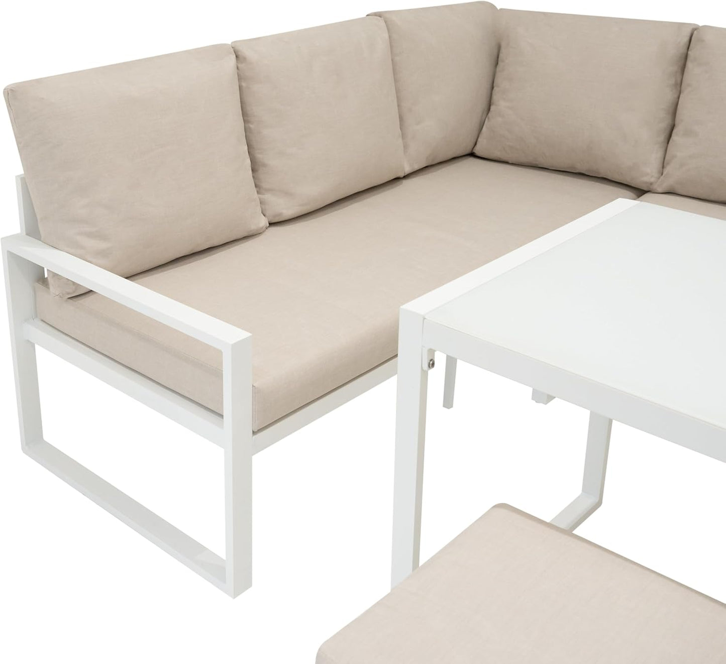 Sofá esquinero de Aluminio Blanco + Mesa de vidrio templado