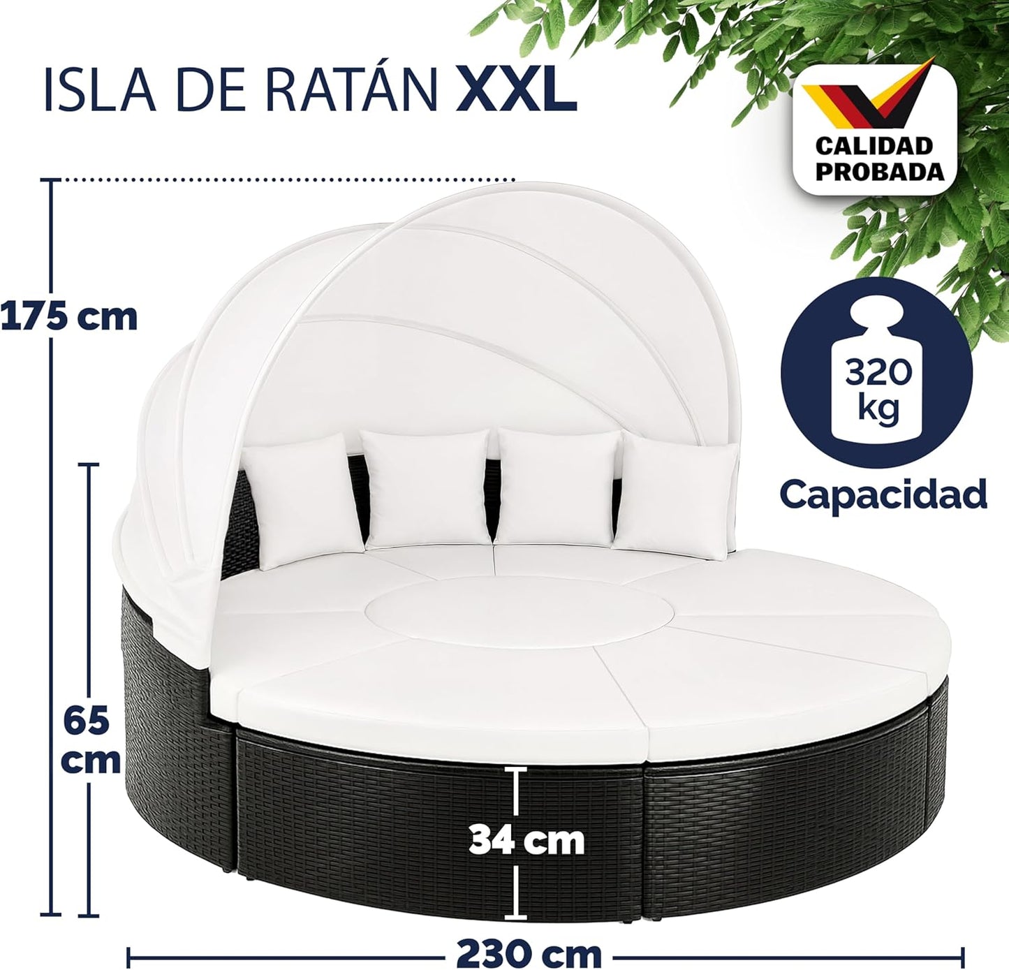 Cama Isla de Jardín, Tumbona Poliratán Negro y Zona de Asientos Mesa WPC Toldo Plegable