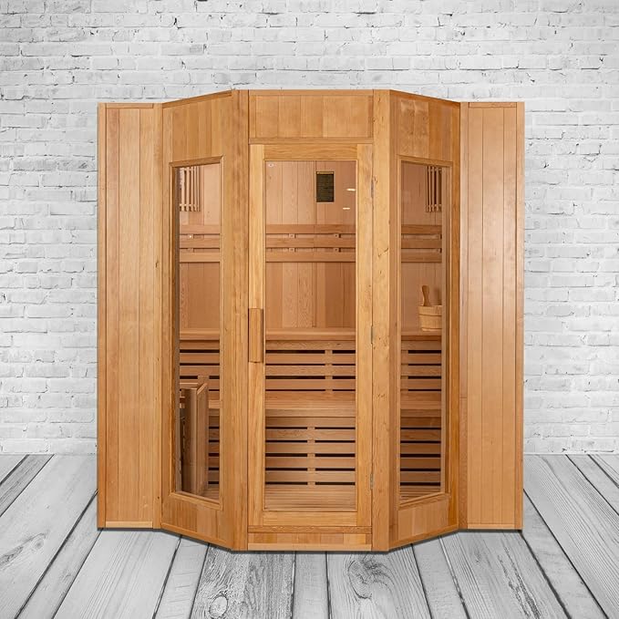 Estufa de sauna finlandesa para 4 personas 175 x 200 x 200 cm, madera cicuta