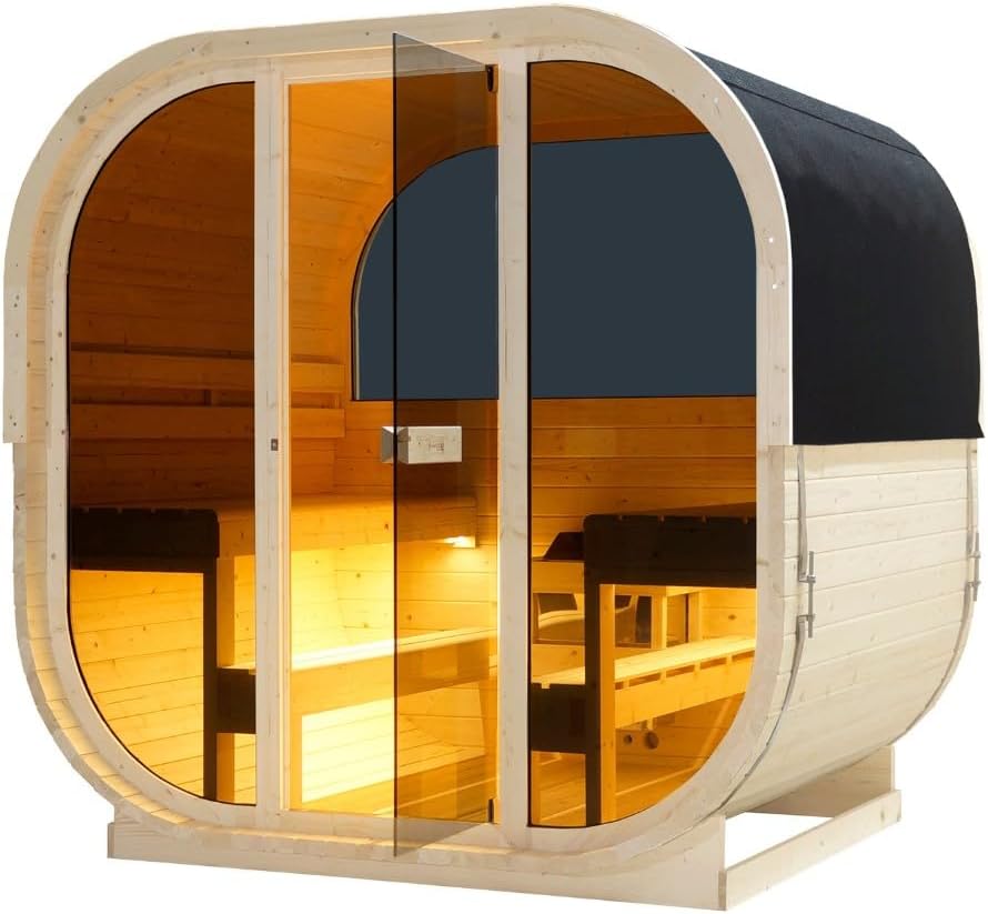 Sauna exterior y cabina de infrarrojos para 6 personas, 210 × 180 × 210 cm, horno Harvia de 8 kW, madera de abeto, cristal templado