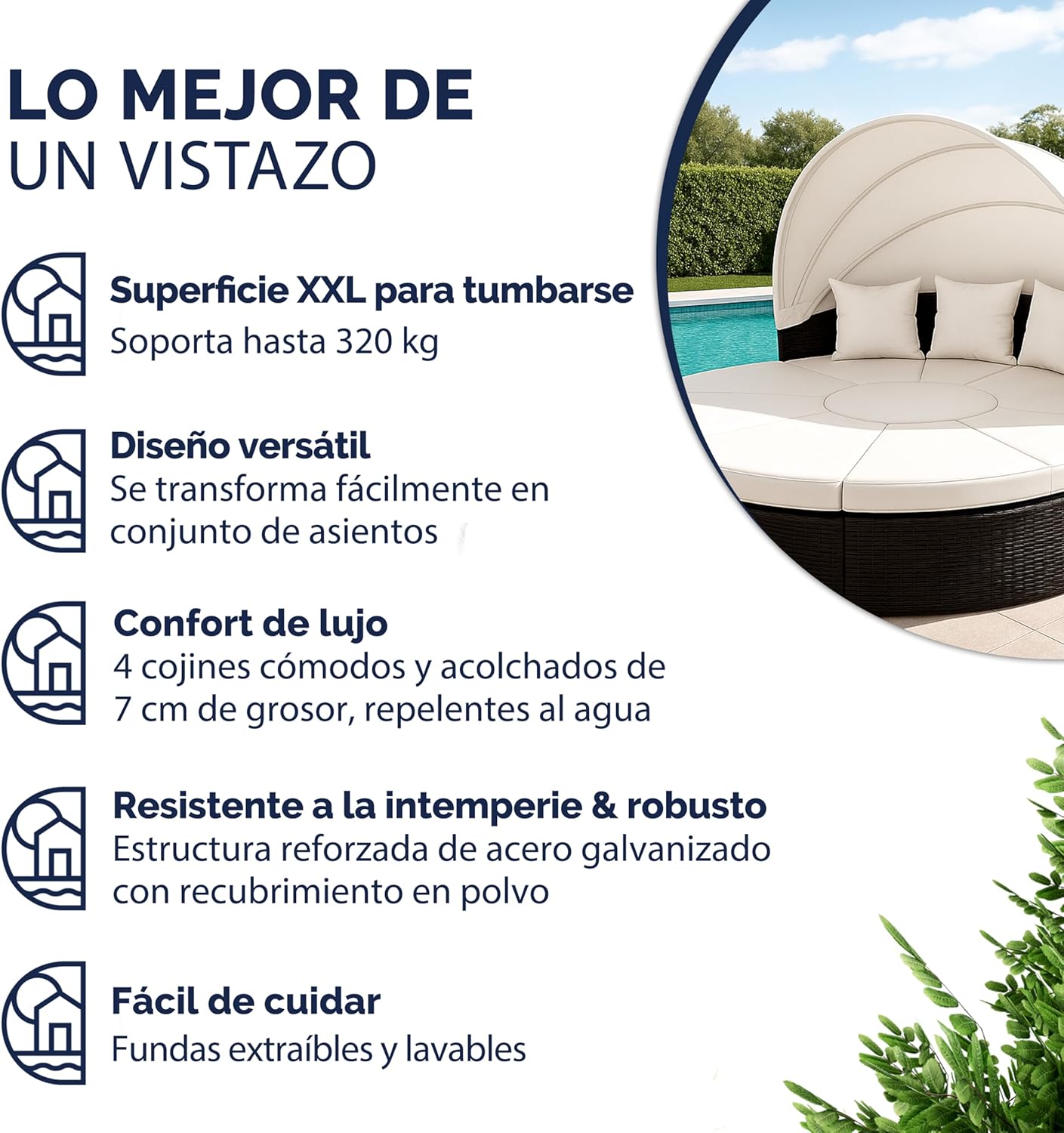 Cama Isla de Jardín, Tumbona Poliratán Negro y Zona de Asientos Mesa WPC Toldo Plegable