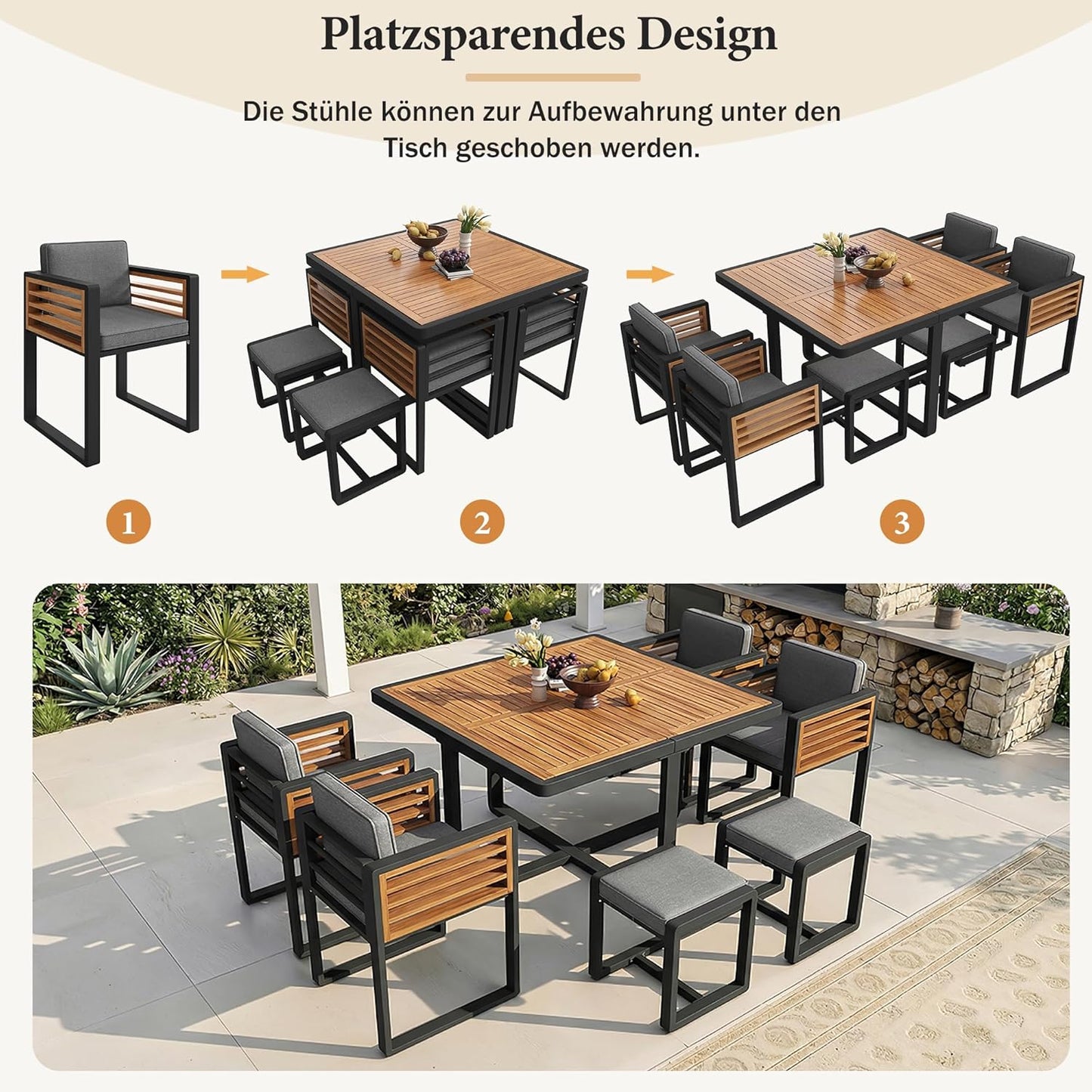 Juego de muebles de jardín, 6 sillas con mesa, muebles de terraza