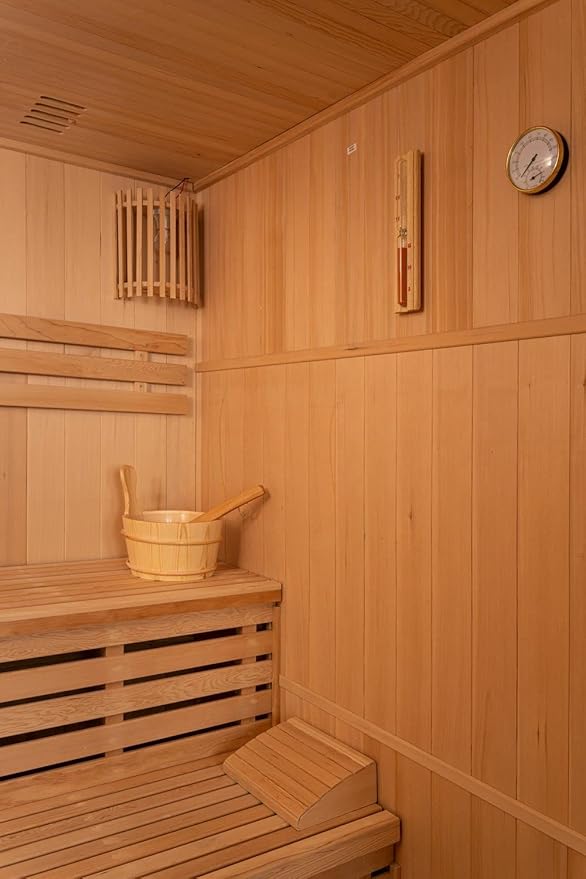 Estufa de sauna finlandesa para 4 personas 175 x 200 x 200 cm, madera cicuta