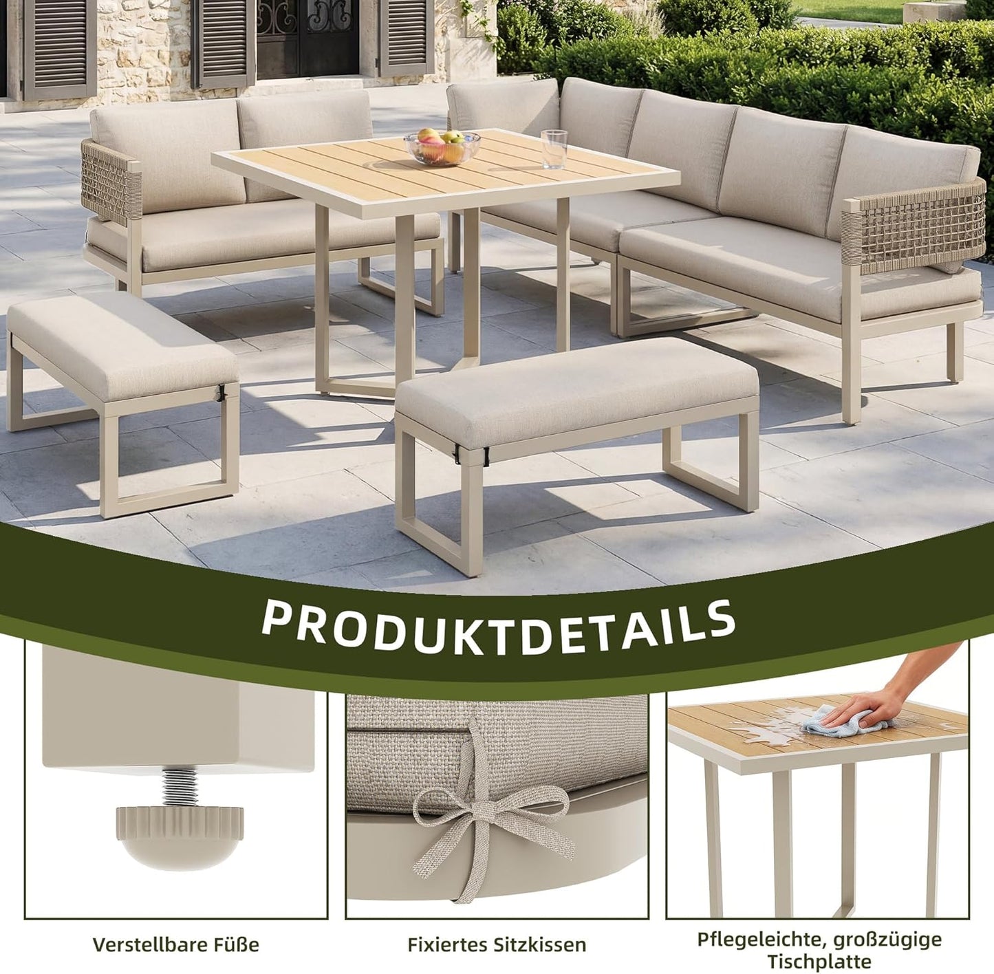 juego de muebles para 8-10 personas, sofá de jardín con mesa grande