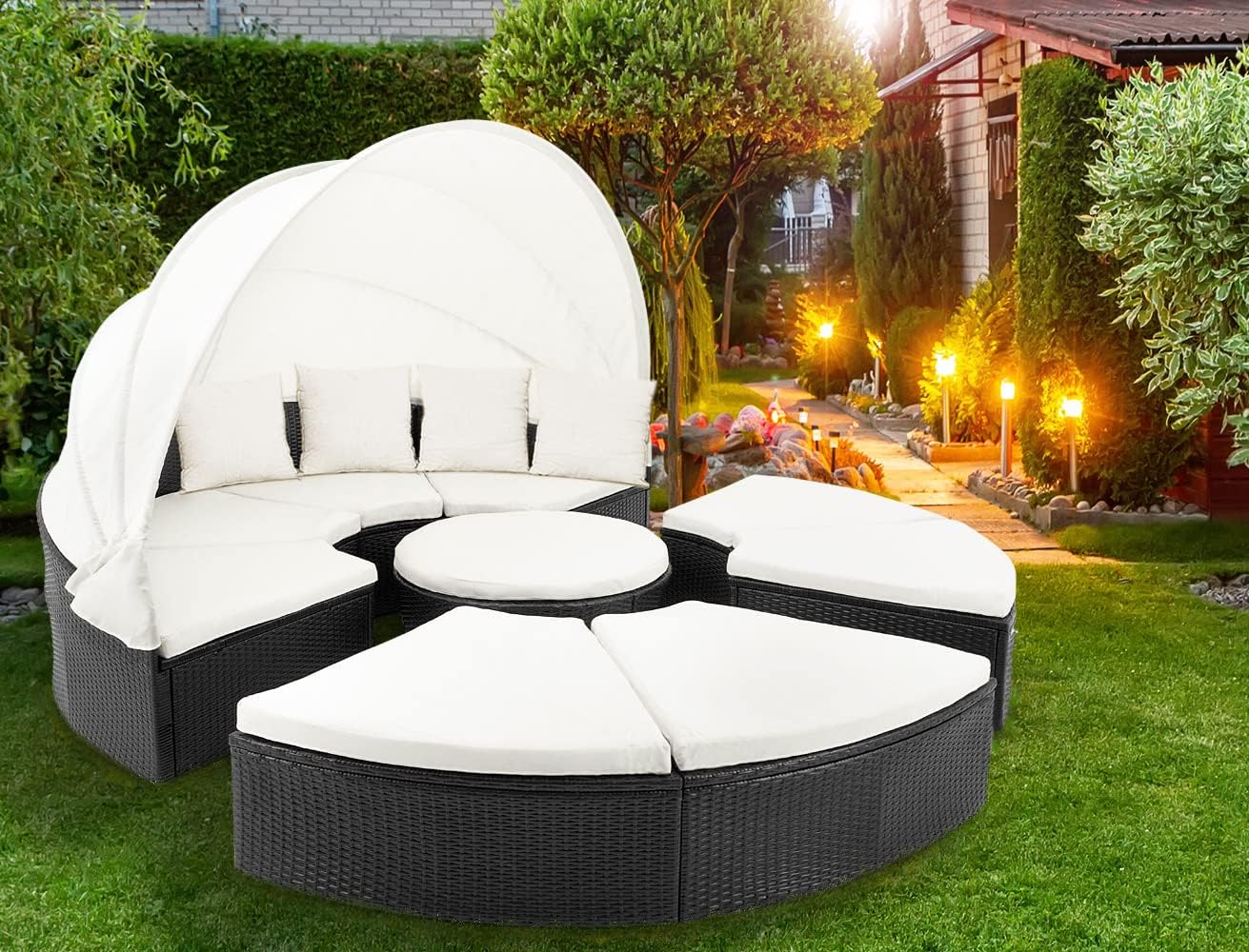 Cama Isla de Jardín, Tumbona Poliratán Negro y Zona de Asientos Mesa WPC Toldo Plegable