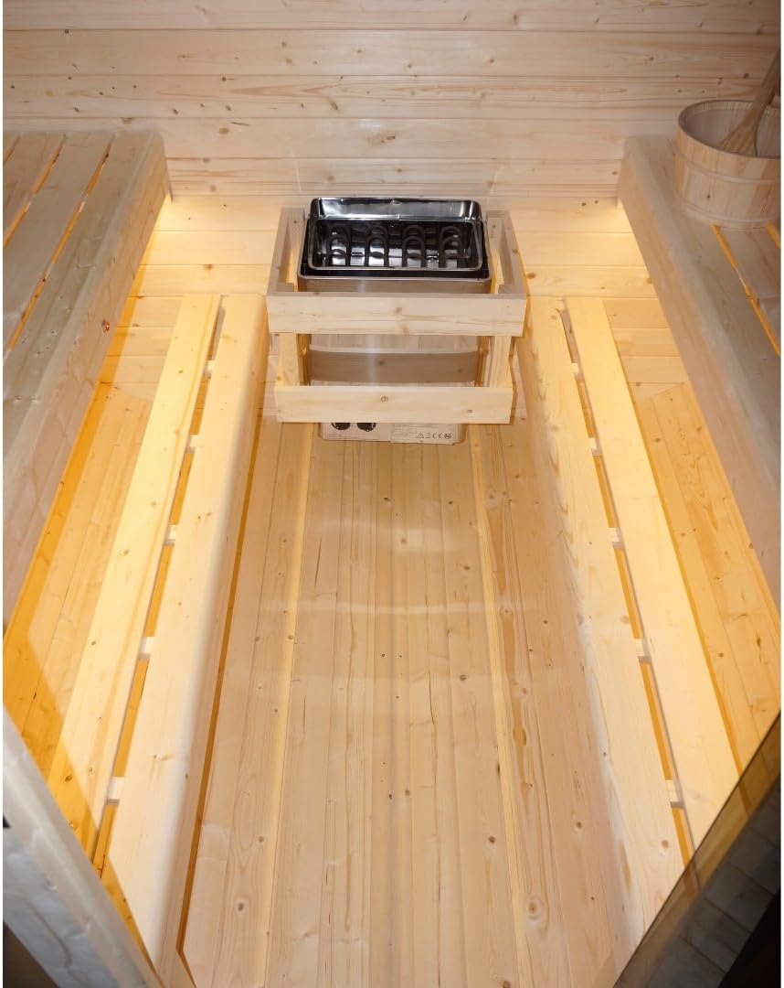 Sauna exterior y cabina de infrarrojos para 6 personas, 210 × 180 × 210 cm, horno Harvia de 8 kW, madera de abeto, cristal templado