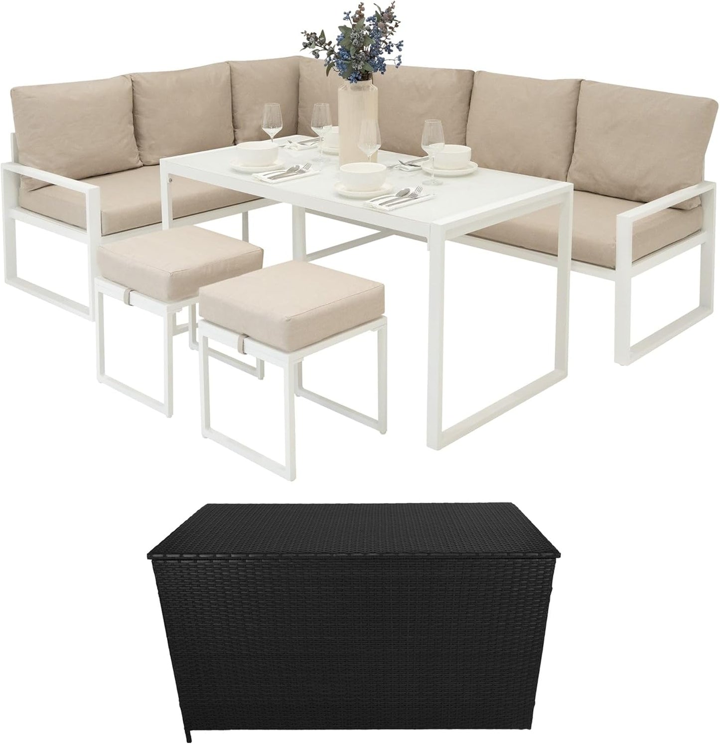 Sofá esquinero de Aluminio Blanco + Mesa de vidrio templado