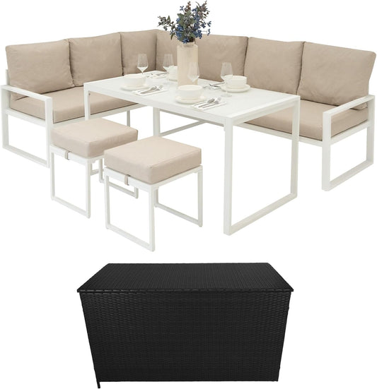 Sofá esquinero de Aluminio Blanco + Mesa de vidrio templado