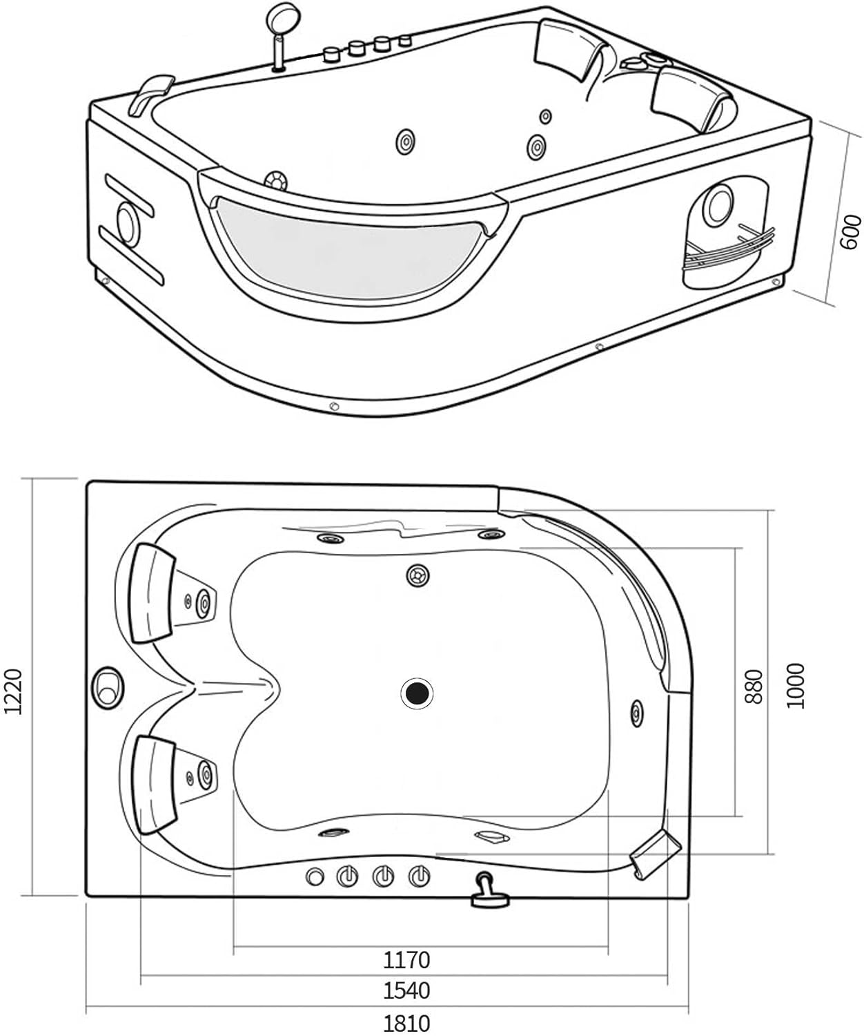 Bañera de esquina hidromasaje Modelo ORION 180 x 120 cm Para 2