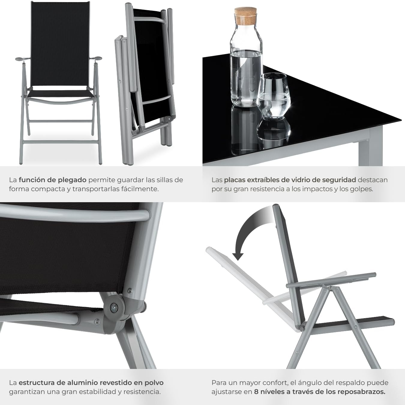 Muebles Jardín Exterior 9 Piezas, Estructura de Aluminio, Mesa y Sillas Terraza Impermeables
