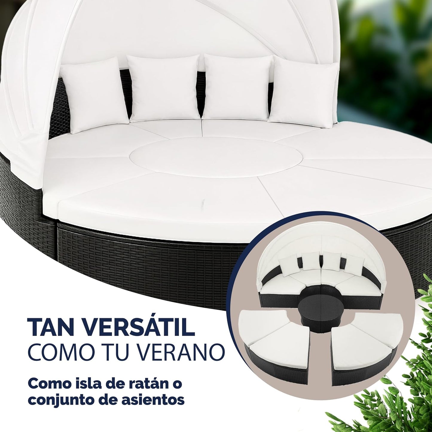 Cama Isla de Jardín, Tumbona Poliratán Negro y Zona de Asientos Mesa WPC Toldo Plegable