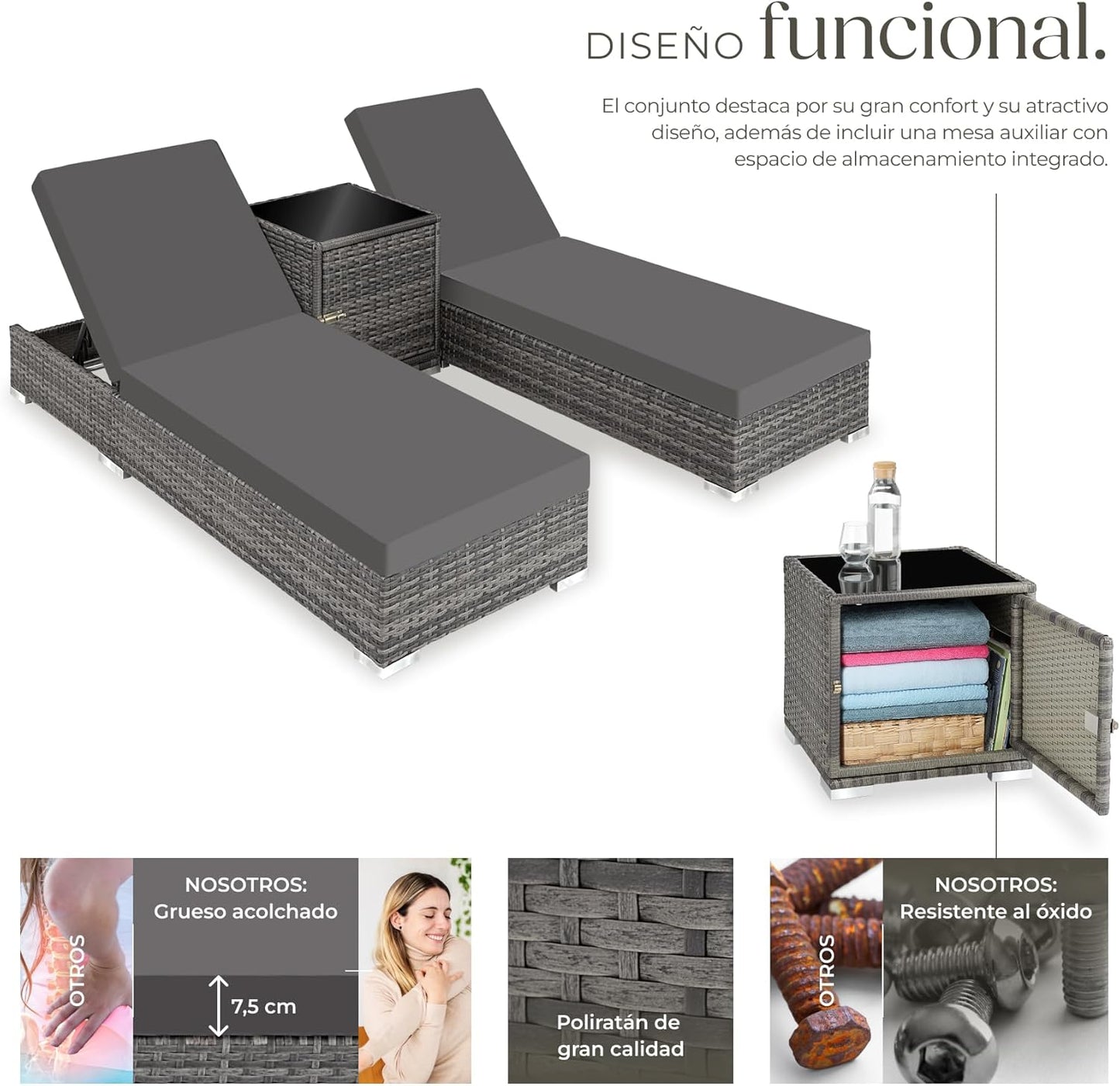 Set 2 Tumbonas de Ratán y Aluminio + Mesa Jardín, Tumbonas Piscina Respaldo Regulable