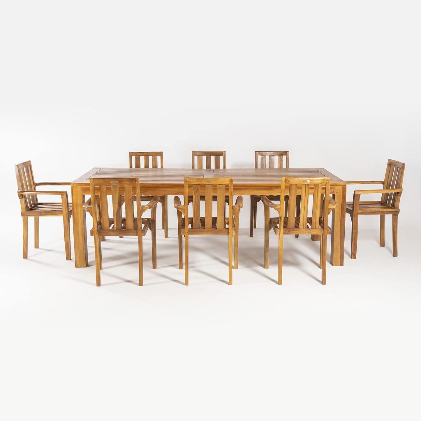 Conjunto de jardín de Madera Teca, Mesa de 240 cm de Largo y 8 sillones apilables