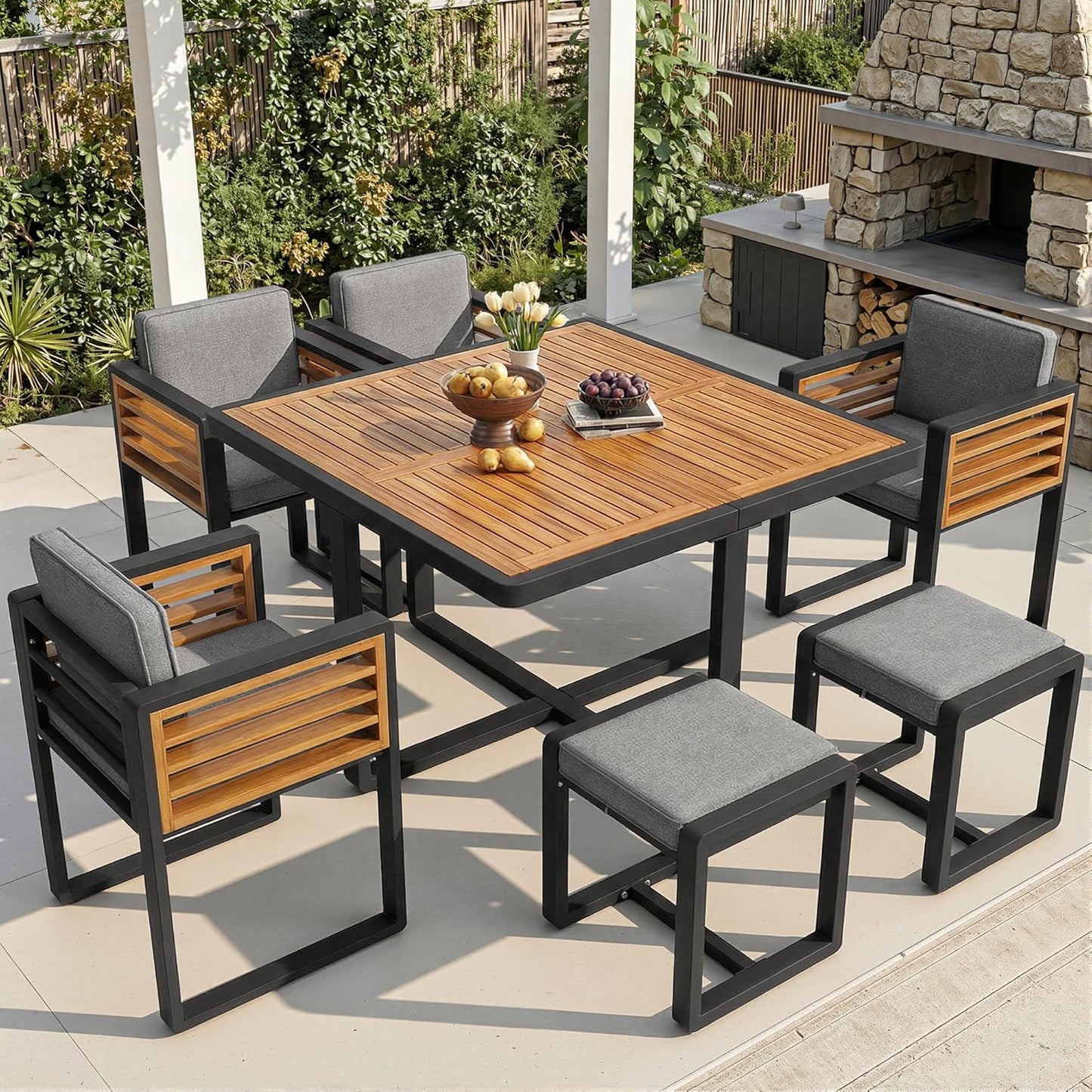 Juego de muebles de jardín, 6 sillas con mesa, muebles de terraza