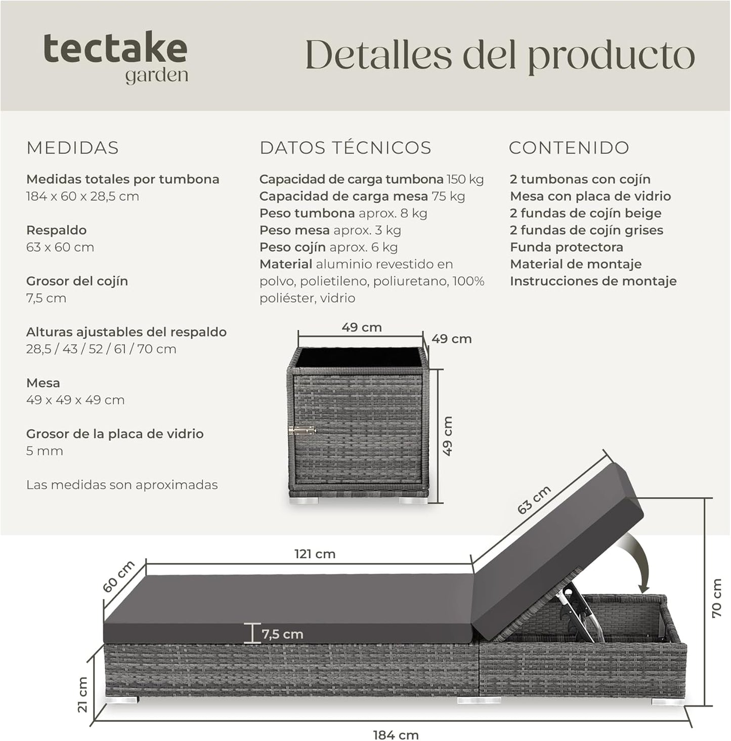 Set 2 Tumbonas de Ratán y Aluminio + Mesa Jardín, Tumbonas Piscina Respaldo Regulable
