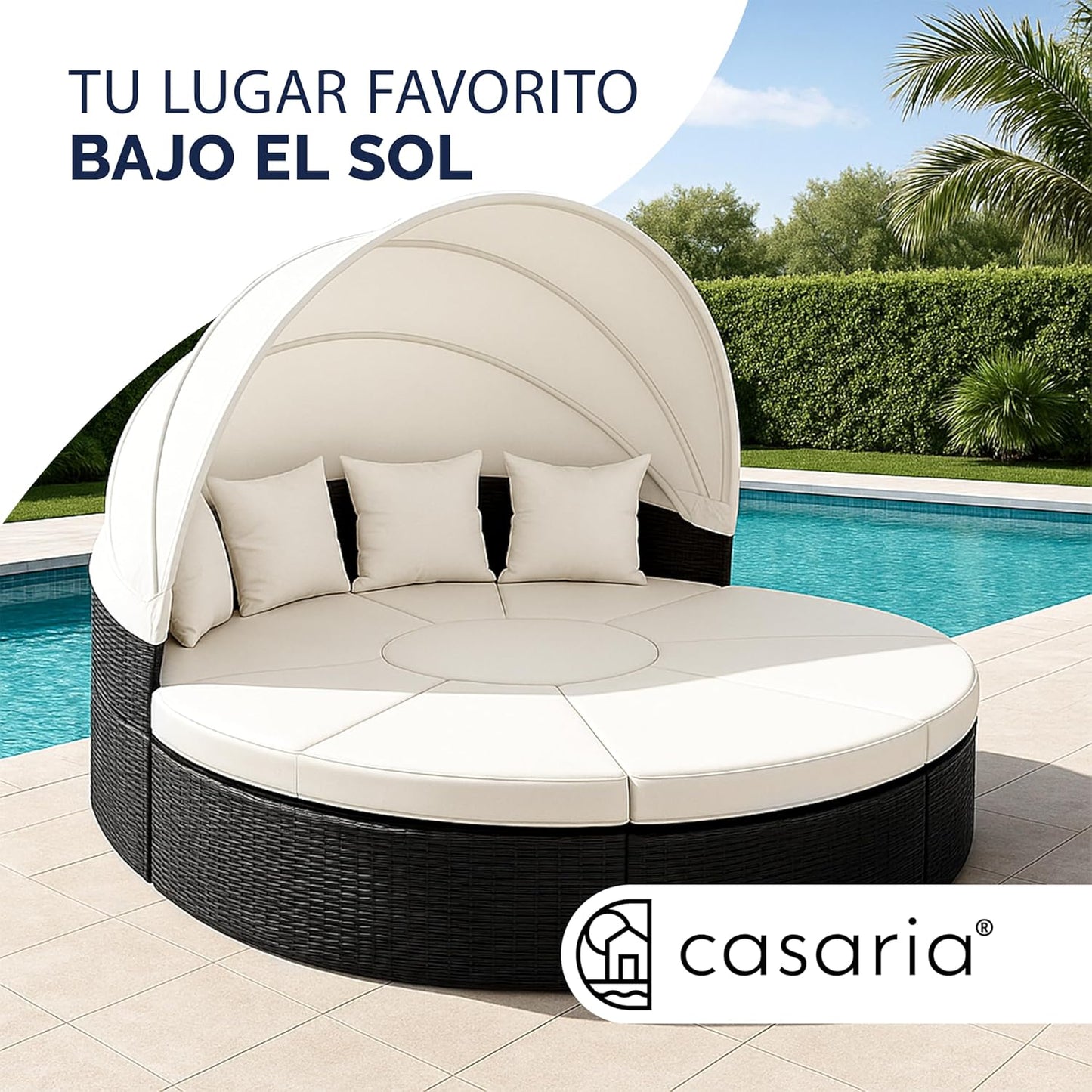 Cama Isla de Jardín, Tumbona Poliratán Negro y Zona de Asientos Mesa WPC Toldo Plegable