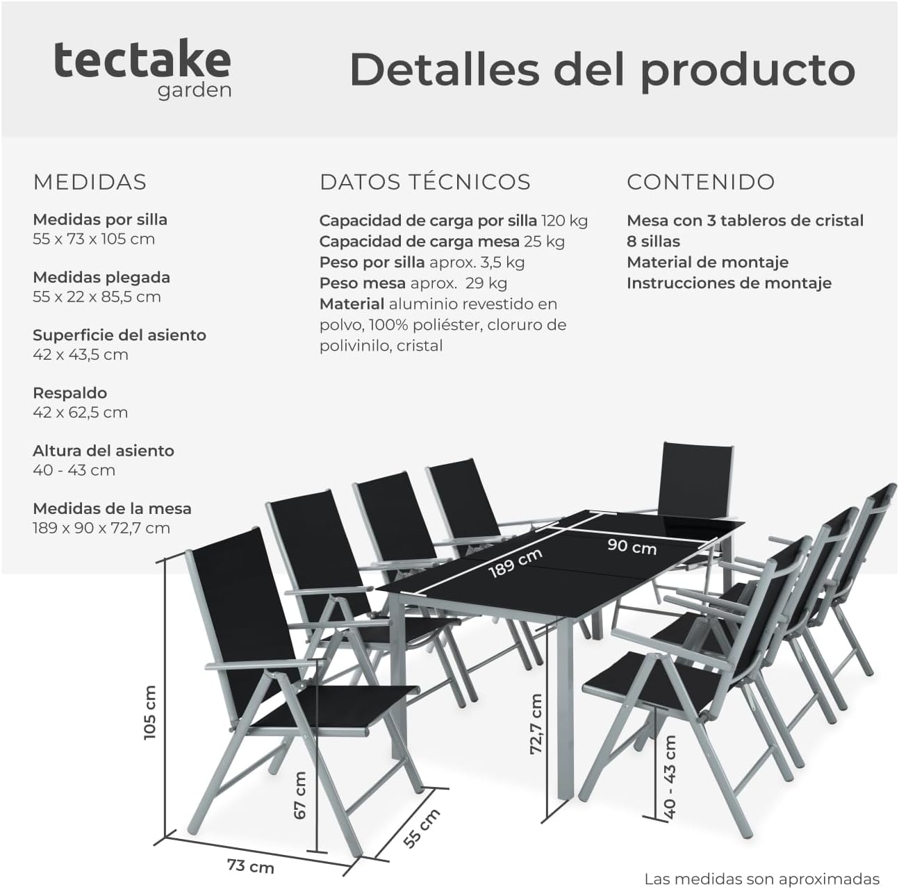 Muebles Jardín Exterior 9 Piezas, Estructura de Aluminio, Mesa y Sillas Terraza Impermeables