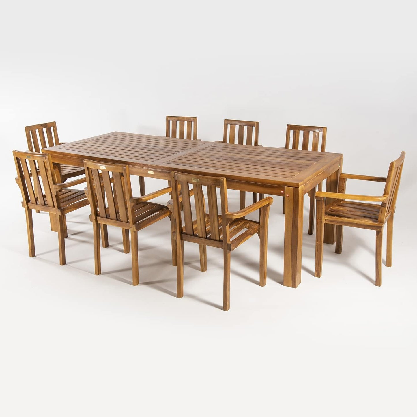 Conjunto de jardín de Madera Teca, Mesa de 240 cm de Largo y 8 sillones apilables