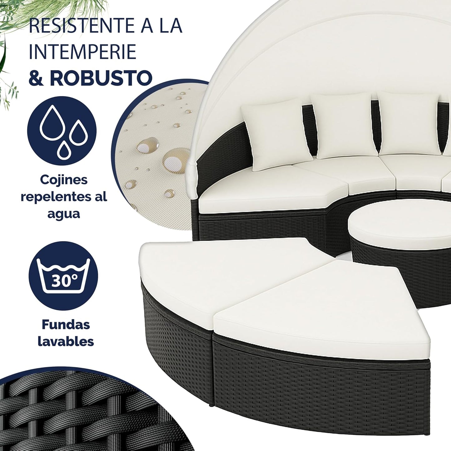 Cama Isla de Jardín, Tumbona Poliratán Negro y Zona de Asientos Mesa WPC Toldo Plegable