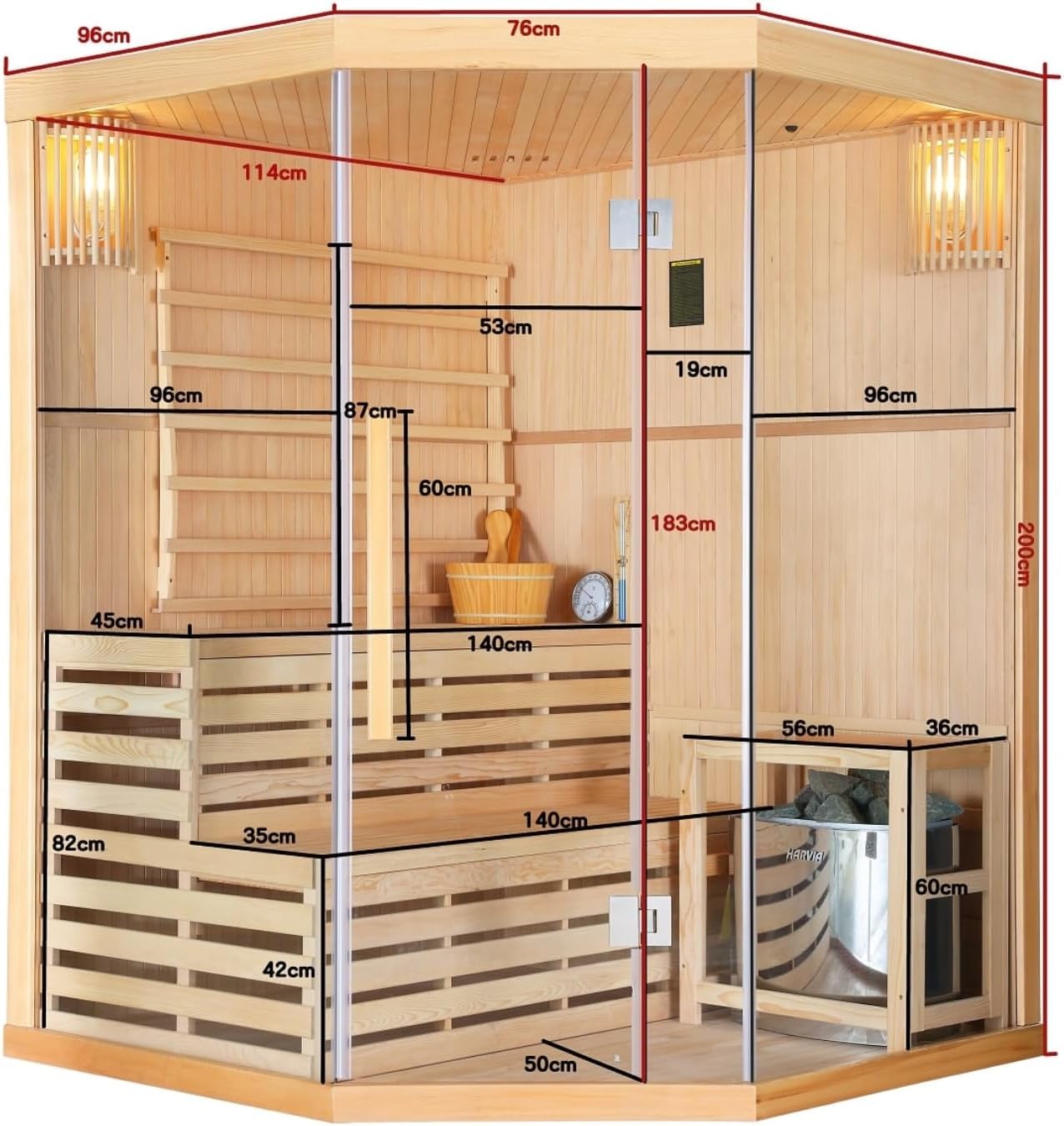 Estufa de sauna para 3 personas, incluye piedras para sauna, 2 lámparas, cristal de seguridad