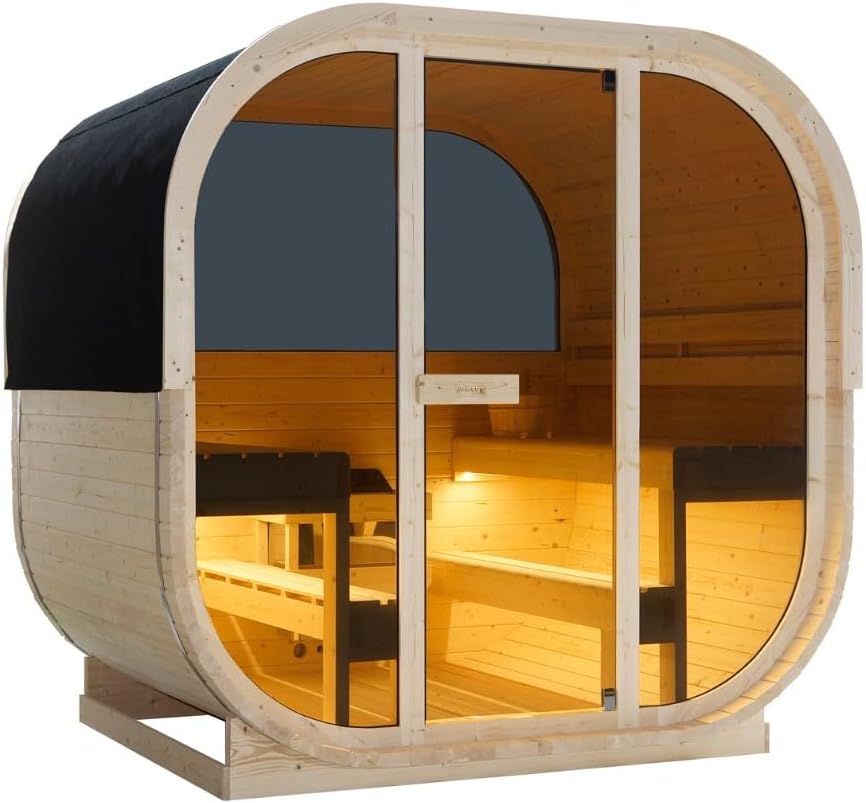 Sauna exterior y cabina de infrarrojos para 6 personas, 210 × 180 × 210 cm, horno Harvia de 8 kW, madera de abeto, cristal templado