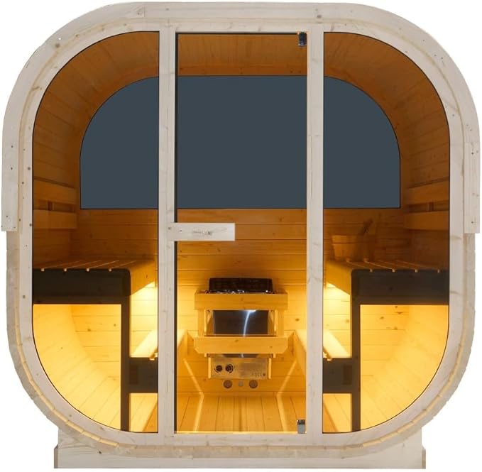 Sauna exterior y cabina de infrarrojos para 6 personas, 210 × 180 × 210 cm, horno Harvia de 8 kW, madera de abeto, cristal templado