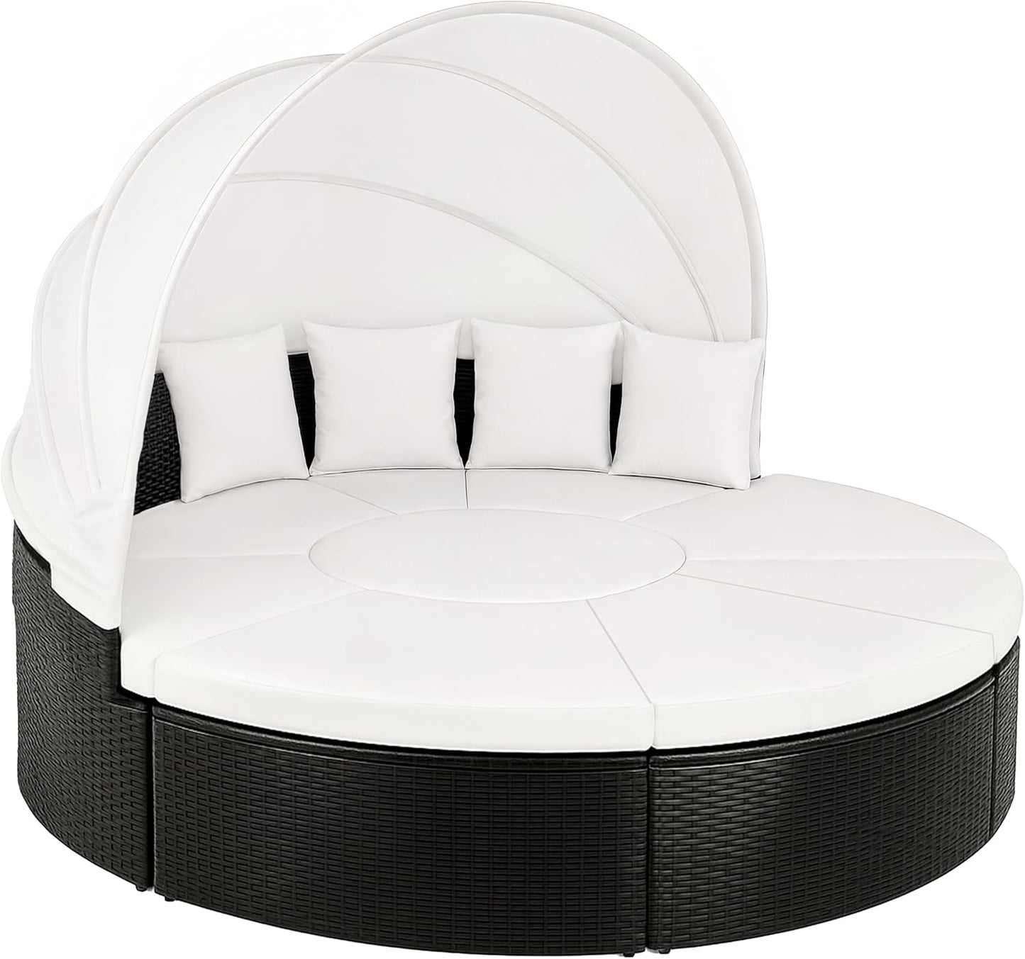Cama Isla de Jardín, Tumbona Poliratán Negro y Zona de Asientos Mesa WPC Toldo Plegable