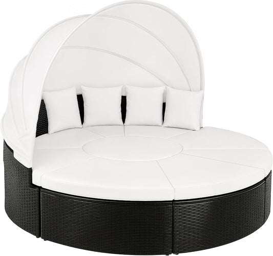 Cama Isla de Jardín, Tumbona Poliratán Negro y Zona de Asientos Mesa WPC Toldo Plegable