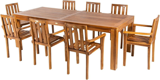 Conjunto de jardín de Madera Teca, Mesa de 240 cm de Largo y 8 sillones apilables