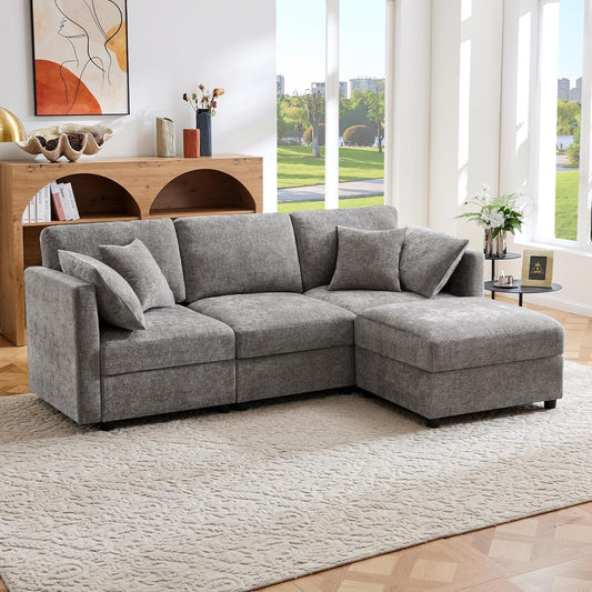 Sofá de esquina en forma de L con reposapiés, sofá cama convertible de 3 plazas