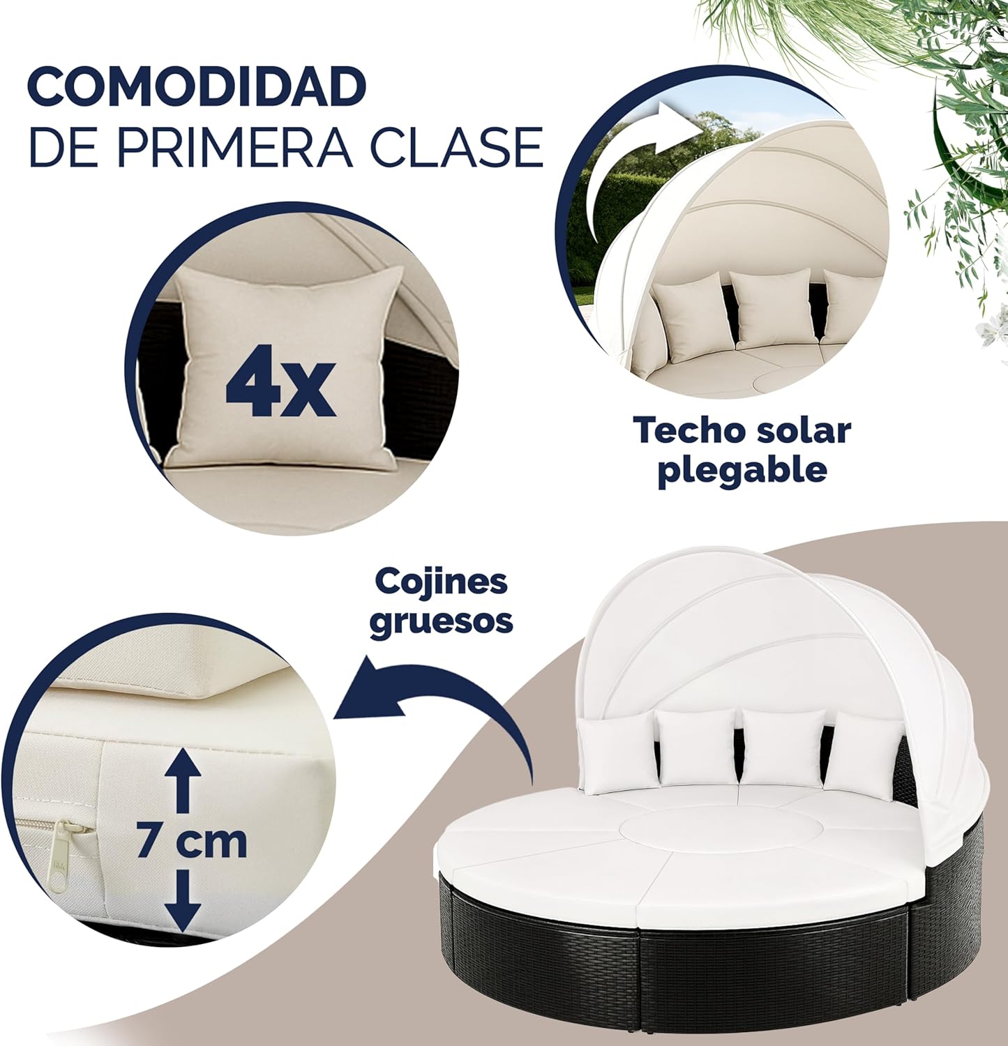 Cama Isla de Jardín, Tumbona Poliratán Negro y Zona de Asientos Mesa WPC Toldo Plegable